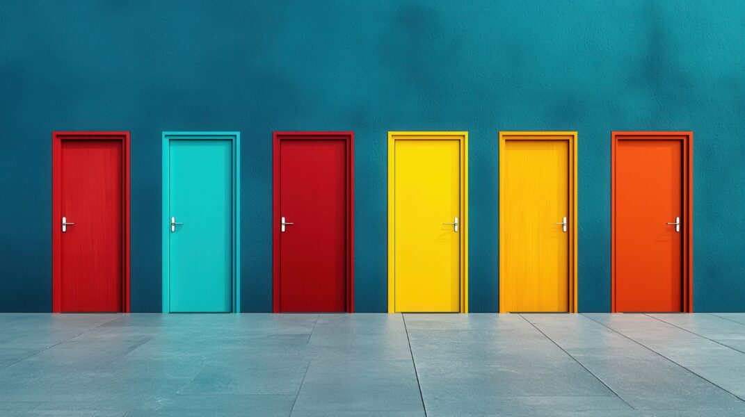 An abstract image of multiple doors of different sizes and colors opening, symbolizing opportunities created through an inclusive approach in life and business