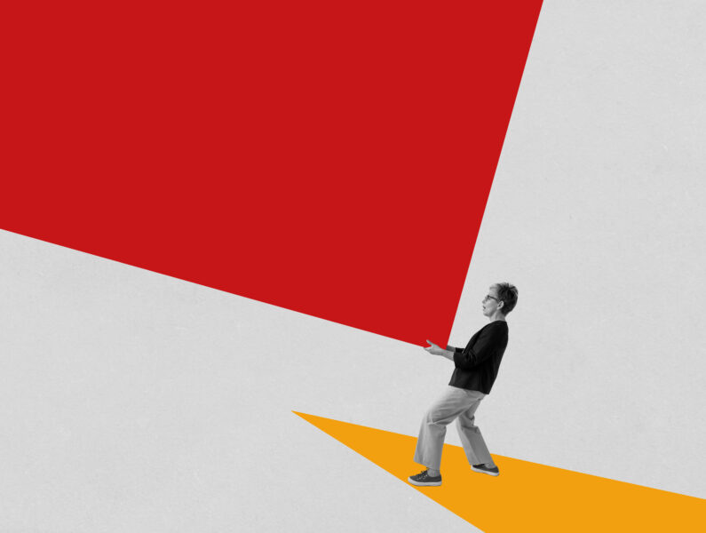 Collage with a woman holding a weight. The concept of resilience and overcoming difficulties.