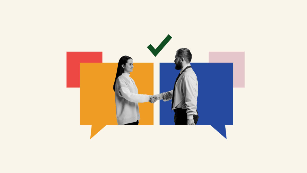 Contemporary art collage. Two young people standing in speech bubbles and shaking hands. Meeting an make deals online. Concept of partnership, business acquisition, deals, cooperation, teamwork. Ad