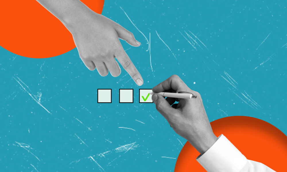 A person marks off items from a checklist with a pen, while another hand points to an option, emphasizing task completion and organization.