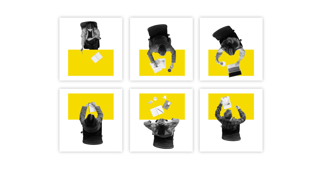 Creative digital artwork. Overhead view of workers at yellow desks symbolizing office routine. Concept of job stress, corporate monotony, business productivity, and employee work patterns.