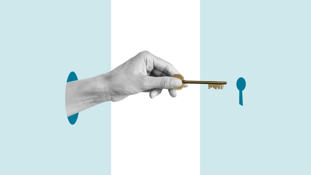 Collage with hand holding key to the hole. Secret to success. Find solution, get success or find key strategy. Abstract business concept to solve problem
